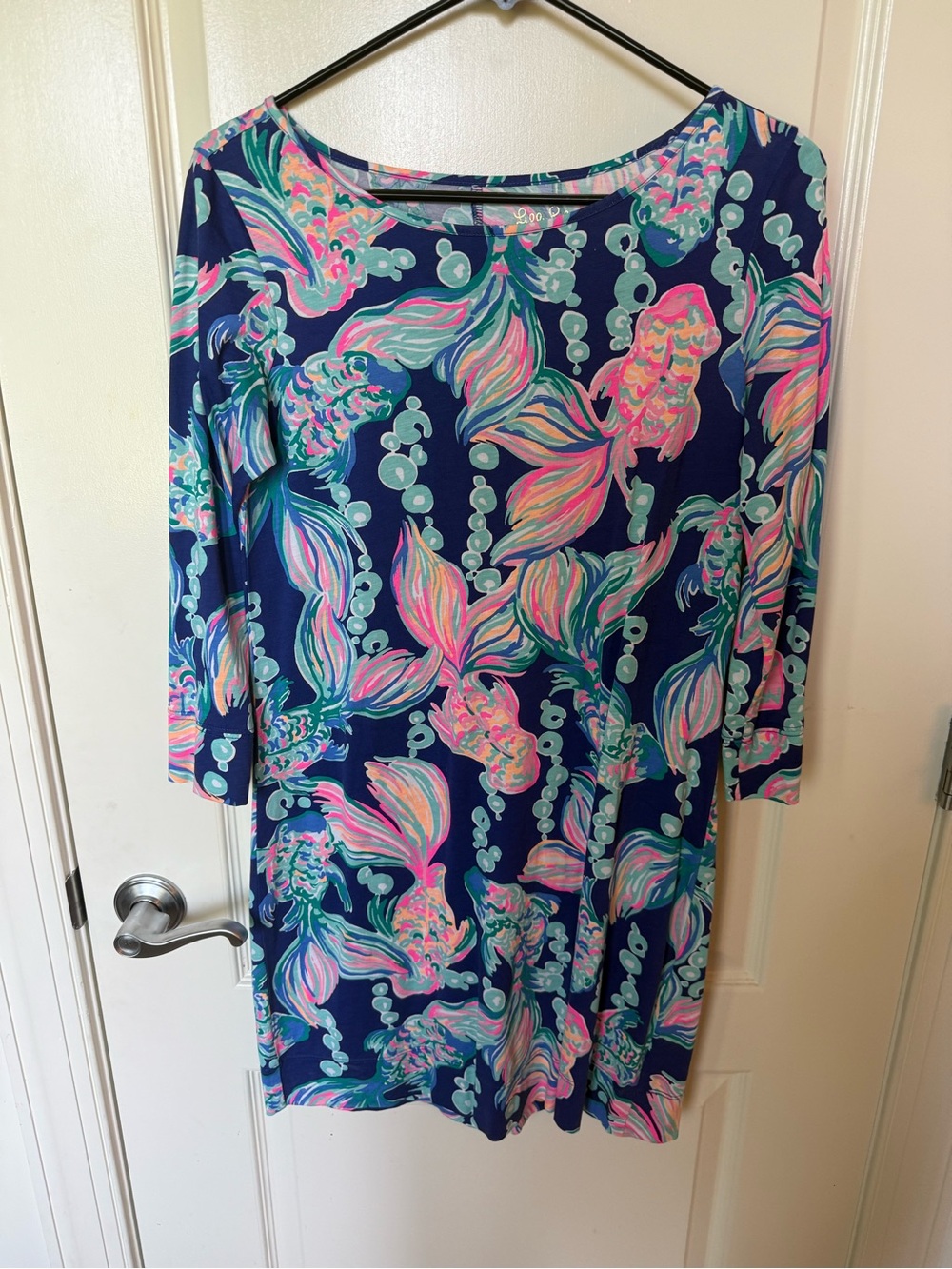 Lilly Pulitzer Navy Long-Sleeve Shift Dress with Pink & Aqua Mermaid Motif